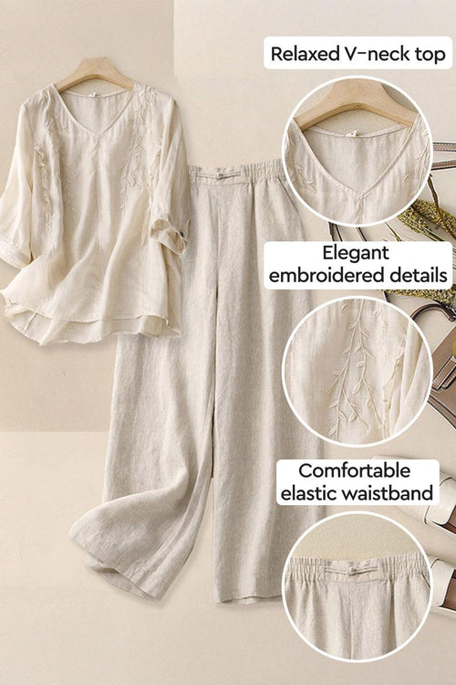 Cotton linen blend golden hour set with embroidered V-neck top and wide-leg pants with elastic waistband