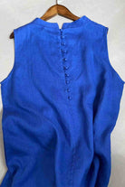 Sunrise Market 100 linen midi dress sleeveless blue breathable fabric elegant back button detail