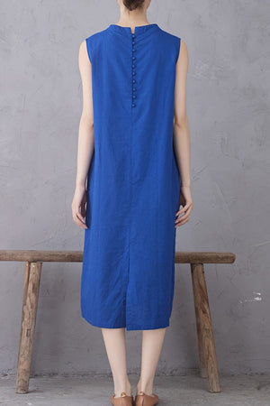 Back view of Sunrise Market 100 Linen Midi Dress in blue with sleeveless design and button details on upper back