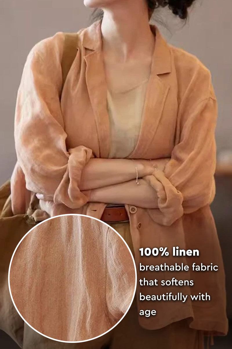 Peach linen jacket shirt with breathable fabric and relaxed fit, perfect for layering and casual style.