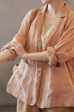 Women's peach linen jacket shirt with notched lapel collar and front pockets, lightweight breathable 100% linen fabric perfect for layering.