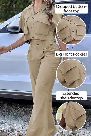 Women's safari escape two-piece set with big functional front pockets and cropped button-front top