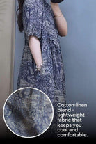 Woman wearing Beachside Bookstore cotton linen midi dress with vintage paisley pattern and relaxed fit