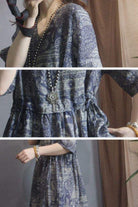 Beachside Bookstore cotton-linen midi dress with vintage paisley pattern and adjustable waist tie for casual and elegant wear