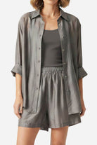 Soft Mornings wrinkle-free shirt and shorts set in breathable gray fabric with matching inner top.