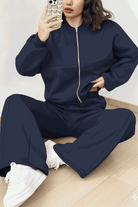 The Voyager Zip Set navy zip-front sweatshirt and wide-leg joggers travel outfit with pockets