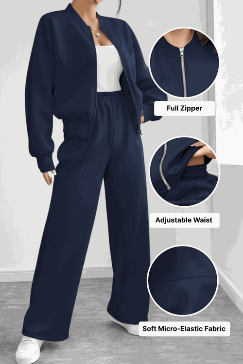 The Voyager Zip Set navy blue two-piece zip-front sweatshirt and wide-leg joggers with adjustable waist and soft elastic fabric