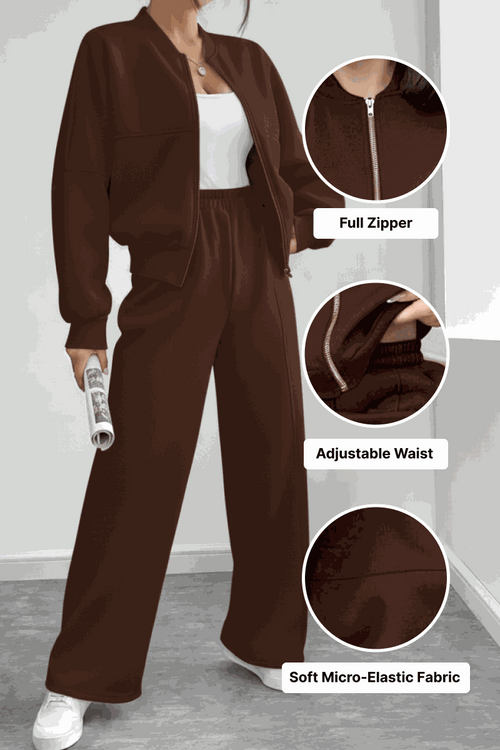 The Voyager Zip Set brown zip-front sweatshirt and wide-leg joggers with adjustable waist and soft micro-elastic fabric for comfortable travel style