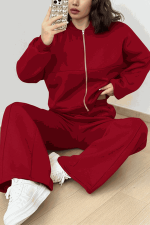 The Voyager Zip Set red zip-front sweatshirt and wide-leg joggers travel loungewear