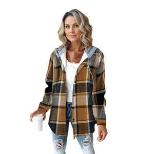 Highland Plaid Shacket women's relaxed fit button-front coat with hood and soft fleece lining in brown and black plaid pattern