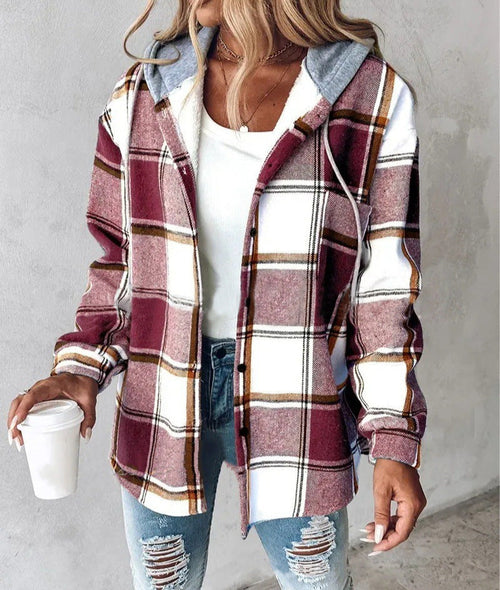 Highland Plaid Shacket with hood, button-front, plaid pattern, soft fleece lining, casual oversized fit in red and white tones.