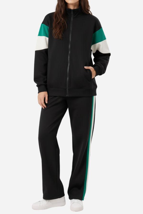 Comfort in Motion black athleisure tracksuit with green and white stripes, zip-up jacket and matching pants.