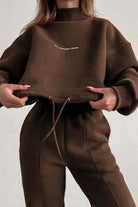 Storm Sweater Mock Neck brown athleisure set with relaxed fit and drawstring waist