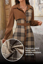 Retro corduroy plaid belted dress with wrinkle-resistant fabric and long sleeves