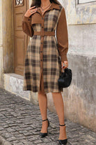Retro corduroy dress with plaid pattern, belted waist, and long sleeves in brown tones.