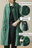 Nomad Ease Oversized Shirt-Jacket in green with large front pockets, adjustable roll-up sleeves, and oversized silhouette.