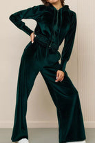 Dark green velour tracksuit with cropped hoodie and high-waist wide-leg pants for modern casual wear