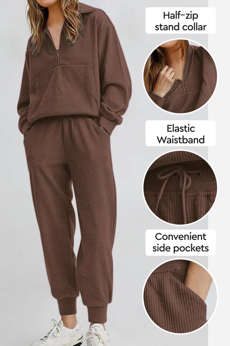 Unisex brown half-zip pullover and sweatpants set with stand collar, elastic waistband, and side pockets.