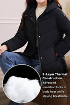 Everyday Warmth Coat black mid-length hooded coat with 5-layer thermal insulation and wind-resistant shell