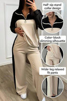 Woman wearing Colorblock Comfort Leisure Set with half-zip stand collar and wide-leg pants in beige and black colorblock design