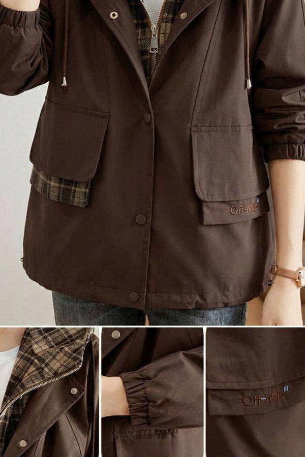 City Explorer Plaid Windbreaker women's brown lightweight wind-resistant jacket with plaid lining and elastic cuffs