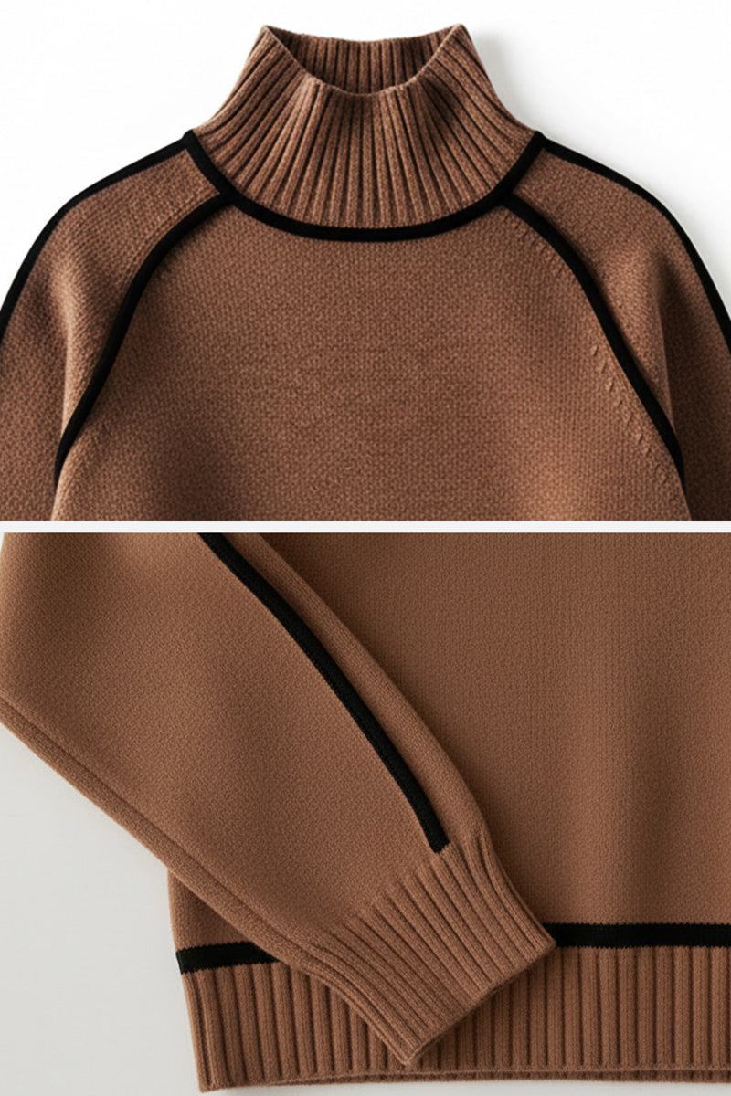 Brown Zero Itch Turtleneck Sweater with black slimming contrast trim and soft knit fabric