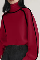 Red Zero Itch Turtleneck Sweater with slimming contrast trim and soft knit fabric