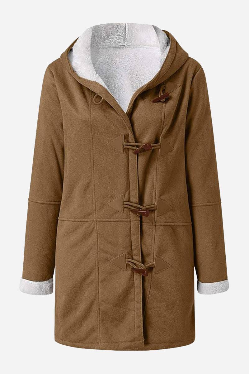 Warm brown toggle button hooded coat with sherpa lining and faux suede exterior