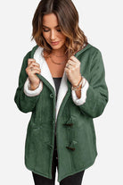 Green warm toggle button hooded coat with sherpa lining and faux suede exterior for women