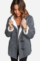 Women's warm toggle button hooded coat with faux suede exterior and sherpa lining