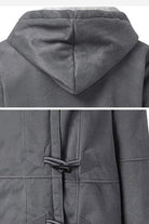 Grey warm toggle button hooded coat with soft faux suede exterior and sherpa lining