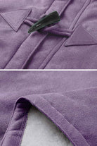Close-up of purple Warm Toggle Button Hooded Coat with faux suede exterior and sherpa lining details