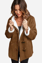 Brown warm toggle button hooded coat with soft faux suede exterior and plush sherpa lining