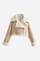 Cropped faux leather sherpa jacket with cream sherpa lining and trim, cropped waist-length, warm and stylish outerwear