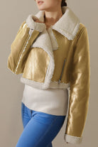 cropped faux leather jacket with cream sherpa lining and trim, warm mid-weight outerwear for women, stylish short-length design for petites