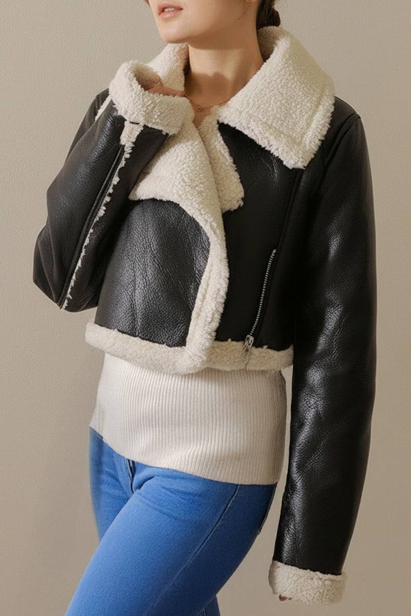 Cropped faux leather jacket with cream sherpa lining and trim, warm and stylish for everyday wear