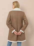 mid-thigh faux suede sherpa coat with double-breasted front and contrast trim