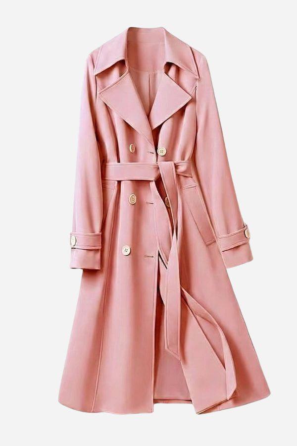 Timeless retro belted trench coat in soft pink with double-breasted buttons and wide lapels