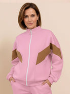 Colorblock comfort tracksuit with contrast curved panels and relaxed fit for slimming effect and wrinkle resistance