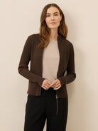 Slim-fit zip-up knit cardigan jacket with vertical ribbing and high neckline