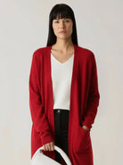 Longline open-front cardigan made from 100% Australian Merino Wool with ribbed cuffs and pockets
