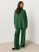Soft-knit turtleneck top with wide-leg pants two-piece set in cozy acrylic knit