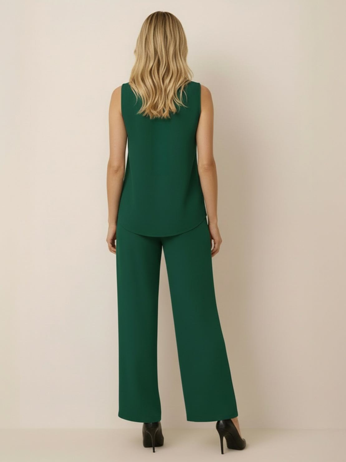 Open-front three-piece co-ord with longline cardigan, tank top, and wide-leg trousers in lightweight knit fabric