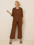 Open-front three-piece co-ord with longline cardigan, tank top, and wide-leg trousers