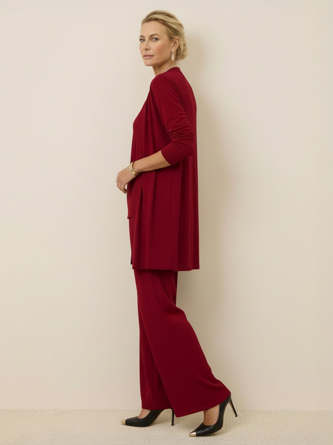Open-front three-piece co-ord with longline cardigan, tank top, and wide-leg trousers in lightweight knit fabric