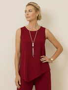 Open-front three-piece co-ord with longline cardigan, tank top, and wide-leg trousers in lightweight knit fabric