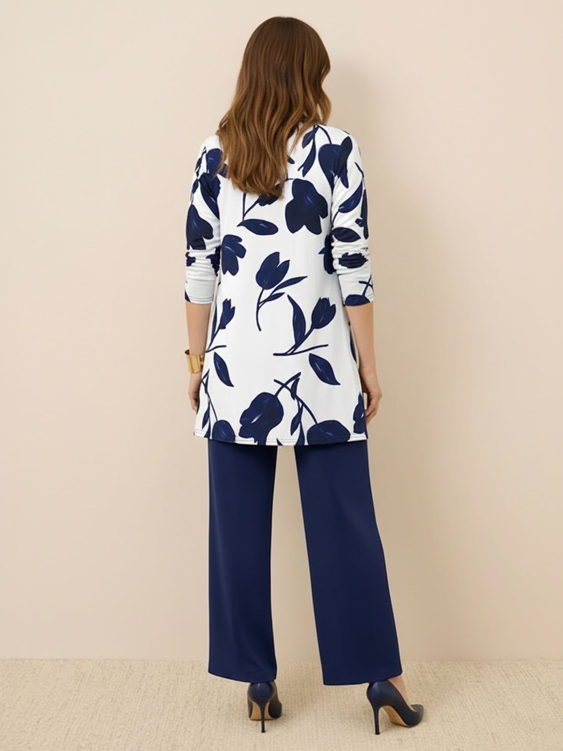 Open-front three-piece co-ord with longline cardigan, tank top, and wide-leg trousers in lightweight knit fabric