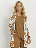 Open-front three-piece co-ord with longline cardigan, tank top, and wide-leg trousers in lightweight knit fabric