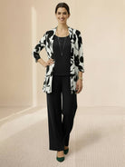 Open-front three-piece co-ord with longline cardigan, tank top, and wide-leg trousers in lightweight knit fabric