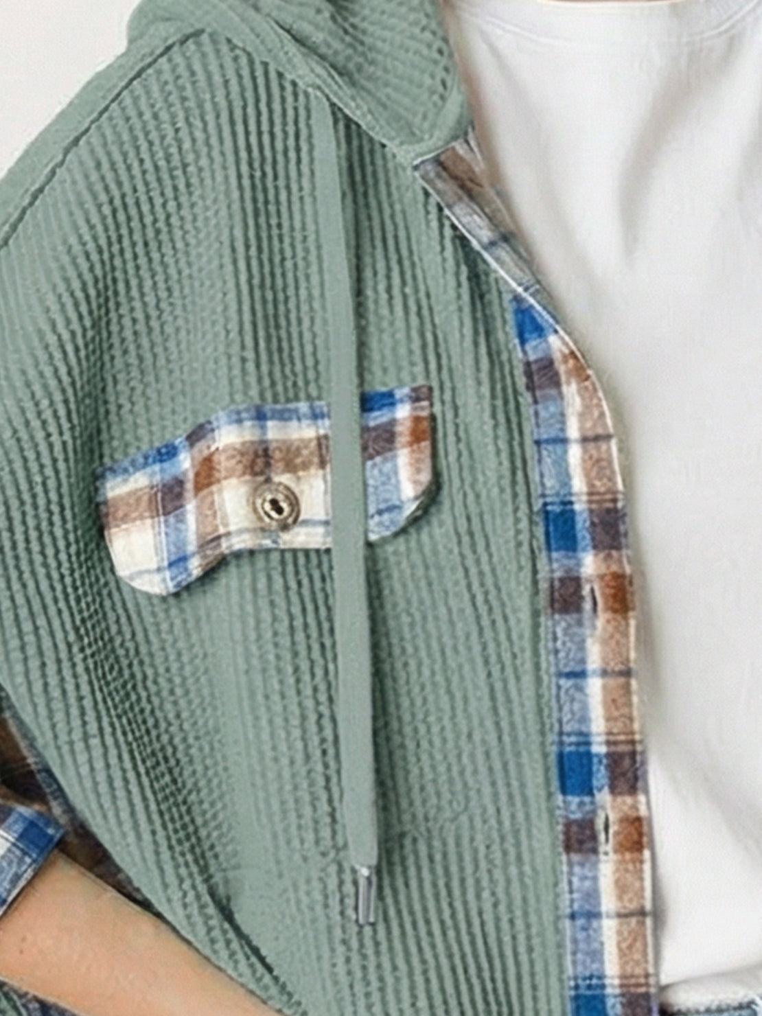 CloudKnit oversized hooded shacket in waffle knit with button front and drawstring hood